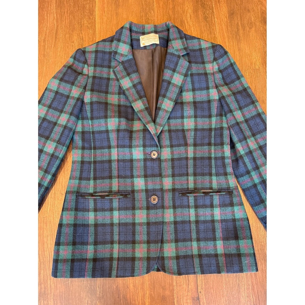 Vintage 70s 80s Pendleton Wool Plaid Blazer Jacket Blue Green Tartan Academic 8